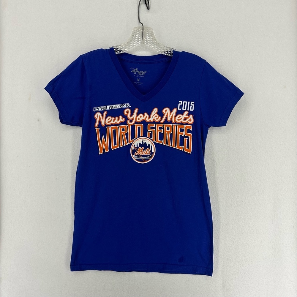 New York Mets World Series 2015 Baseball V Neck Short Sleeve T Shirt Womans M Bl